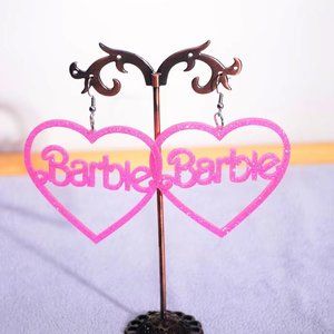 Barbie Inspired Heart Hoop Earrings Pink Glitter Acrylic